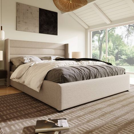 Lit coffre 180x200 cm beige lin, mécanisme hydraulique, sommier bois cadre métal (1/5)