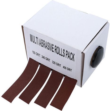 Lot de 4 rouleaux abrasifs 25mm x 6m – Grains 150/240/320/400 – Pour ponçage métal, verre, menuiserie – Distributeur inclus (1/3)