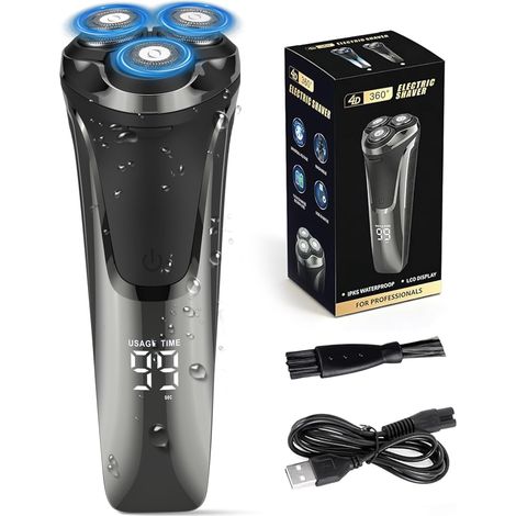Rasoir Électrique Homme Rechargeable 4D avec Écran LED, IPX7 Rasoir Homme Étanche Humide & Sec, Rasoir Rotatif Sans Fil, Tondeuse Barbe avec Tondeuse Rétractable et Verrouillage Voyage(Noir)
