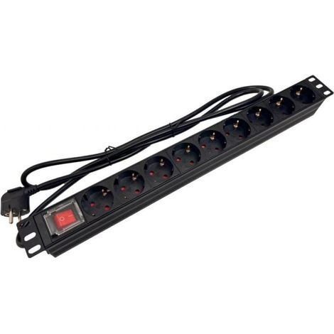 Multipresa PDU da 19 pollici con 9 prese Schuko CEE 7/3 e spina CEE 7/7 con interruttore.