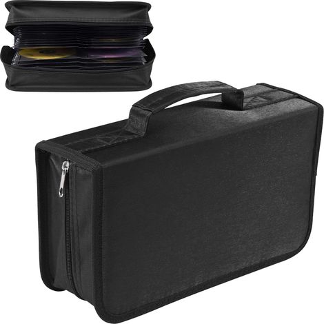 Étui CD, capacité 128 CD/DVD, en tissu mercerisé, avec fermeture éclair, pour un rangement portable et pratique en voiture ou en voyage. (1/5)