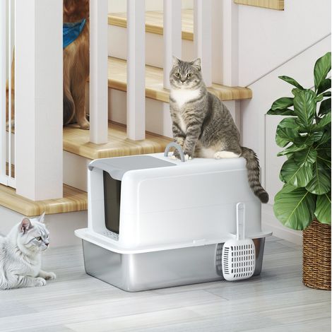 Lettiera per gatti con coperchio, vaschetta in acciaio inox, paletta, fino a 6 kg, bianco (1/5)