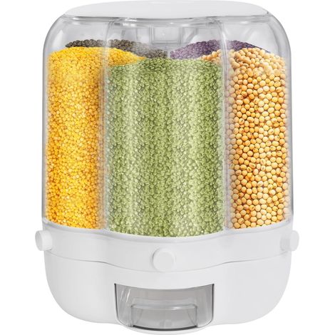 Grand distributeur de céréales - Distributeur de riz rotatif - 6 grilles - Seau de riz - Récipient de rangement avec couvercle - Distributeur de nourriture sèche - Boîte de rangement pour cuisine (1/5)
