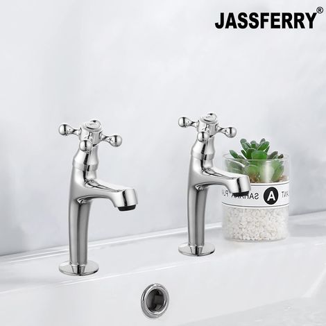 JASSFERRY Pair of Tall Basin Taps Victorian Cross head 1/4 Turn Handle Bathroom Sink High Neck Tap Hot Cold 1/2" Bath Faucet
