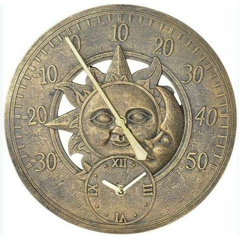 Thermomètre Extérieur Horloge Vintage Mur Horloge De Station De Décoration Rétro Suspendu Horloge Motif Soleil Lune Étanche Extérieur Ou Intérieur, Piscine, Clôture, Patio