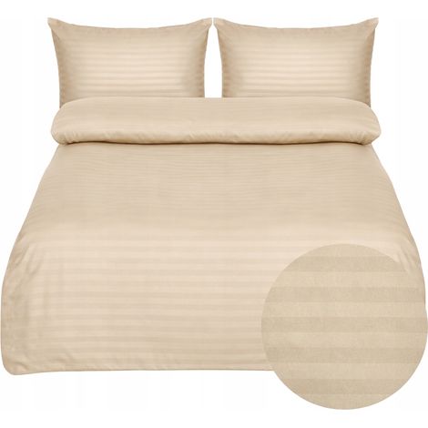 Parure de lit rayée beige - Housse de couette 160x200cm, 2 taies d'oreiller 70x80cm (1/2)