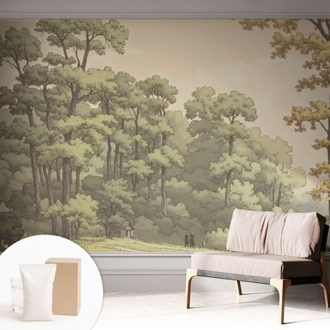 Papier peint intissé avec imprimé pour décoration intérieure pour rénovation a motif - Colle incluse gratuite Idylle forestière 312x219 cm (1/5)