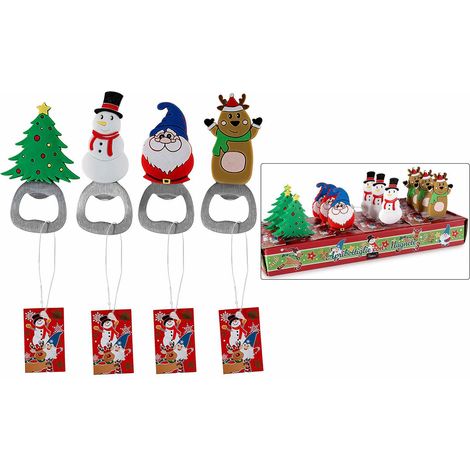 Apribottiglie magnetici con decorazioni sagomate natalizie in silicone in espositore da 12 pezzi, set da 12 pezzi, cm 3,5 x 8,5 H