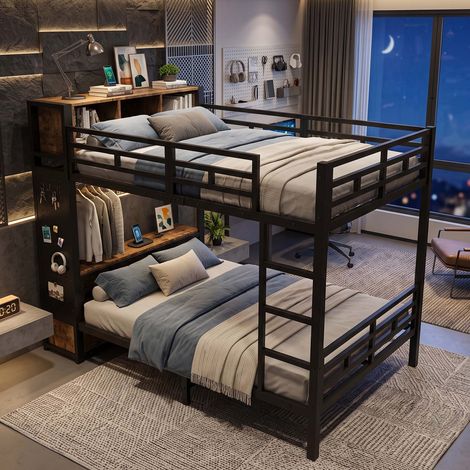 Creahappy Lit Superposé Métal 120x200 cm avec Rangement - Gain de Place Penderie & Tiroir Style Industriel - Noir et Bois Rustique (1/5)