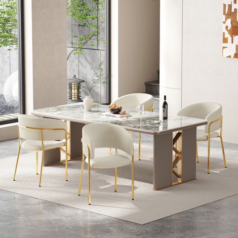 Juego de 4 sillas de comedor, diseño minimalista, respaldo ergonómico, patas de metal y madera, beige (1/5)