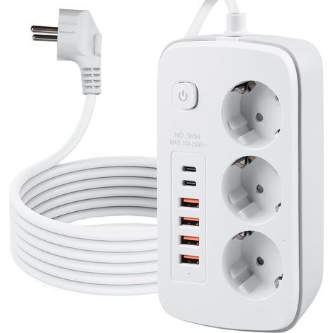 Multiprise escamotable à 3 Compartiments avec 4 Ports USB, Prise de Table avec 2 Ports USB C, Prise encastrable avec Interrupteur, pour Table de Bureau, câble de 2 m, Blanc (1/5)