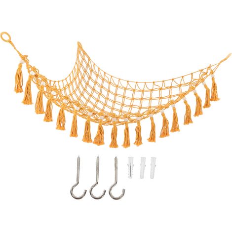 Hamac de rangement pour jouets, hamac triangulaire tissé avec pompon en perles de bois et peluches, pour la maison, jaune automne (1/5)