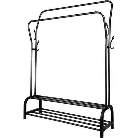 Multifunktional Kleiderbügel Doppelruten, Freistehender-Kleiderständer,Garderobenständer auf Rollen, mit 2 Kleiderstangen,für Schlafzimmer Waschräume Ausstellungsräume,145-125 x 110 x 54cm, Schwarz (1/5)