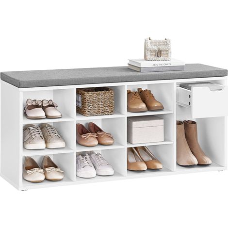 Banco zapatero banco de almacenaje con cajón y compartimentos abiertos zapatero asiento acolchado para pasillo entrada dormitorio 104 x 30 x 48 cm blanco 120004073 (1/4)