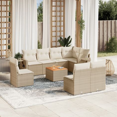 Ensemble salon jardin 9 places résine tressée beige avec coussins et rangement intégré (1/3)