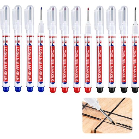 12 Pièces Marqueur Trou Profond, Stylo Marqueur Charpentier Pointe Fine de 20mm, Marqueurs Precision pour Charpentier, Marqueurs Imperméable pour Bois, Métal, Plastique et Carton, Noir, Bleu, Rouge (1/5)