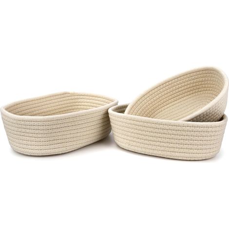 Lot de 3 Paniers de Rangement Ovales en Corde Panier Tressé Corde pour Bureau, Tiroir, Placard, Salon (Blanc) (1/4)