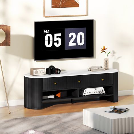Meuble TV 140 cm. meuble télé pour téléviseur 65 pouces effet marbre avec 3 tiroirs façades à cannelures 2 étagères noir (1/5)