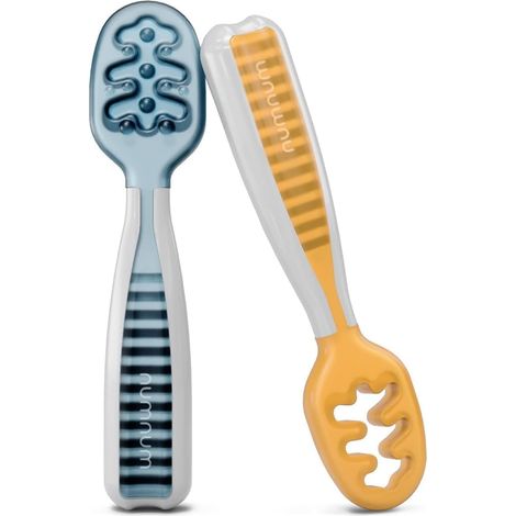 Cuillères apprentissage silicone bébé lot de 2, cuillère enfant souple sans BPA, ustensile repas autonome ergonomique alimentation bébé (1/5)