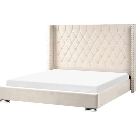 Letto con rete in velluto bottonato, elegante, bianco sporco, 180 x 200 cm, Lubbon