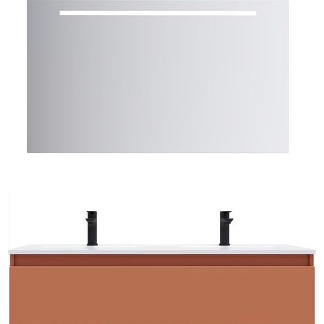 Meuble de salle de bain suspendu double vasque intégrée 120cm 1 tiroir Terracotta + miroir - Hudson (1/5)