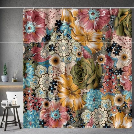 Cortina de ducha bohemia floral con estampado de flores multicolores, cortina de ducha de estilo étnico bohemio con 12 ganchos para accesorios de decoración de baño, 180 x 180 (1/3)