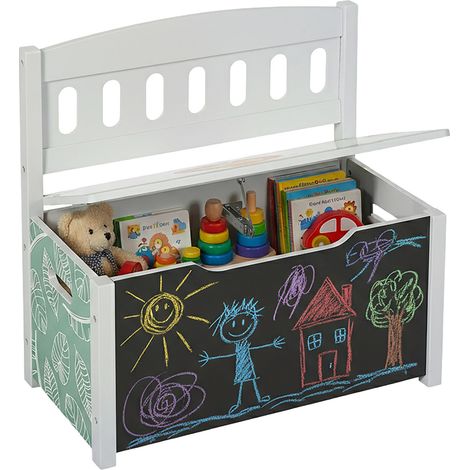 Relaxdays Kinderbank mit Stauraum, Tafel, Rückenlehne, HBT: 55,5 x 57 x 30 cm, Kinder, Löwenmotiv, Spielzeugkiste, bunt