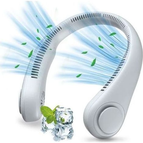 Ventilateur Nuque Portable,USB Ventilateur de Cou avec Batterie 1200mAh,Ventilateur Mains Libres Sans Pale,3 Vitesses, Ventilateur Silencieux Réglable à 360° (Blanc)-