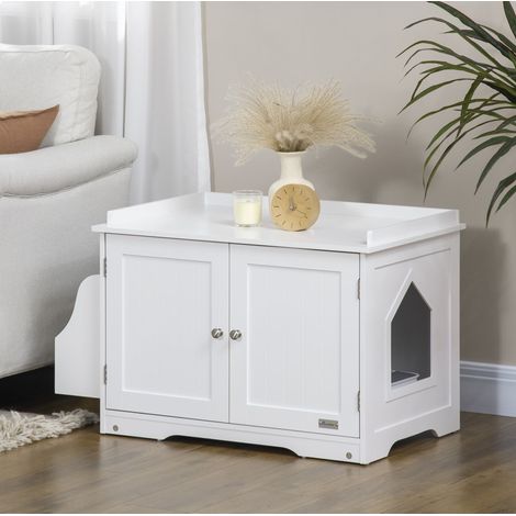 Mueble para arenero de gato con tabique regulable y puertas magnéticas, blanco DESVIAE (1/5)