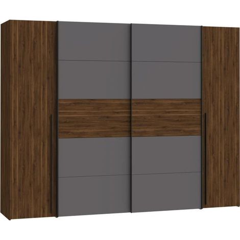 Armoire NARAGO - Décor Noyer Bakersfield et gris - 2 portes coulissantes + 2 portes battantes - L270 x P61 x H210 cm (1/5)