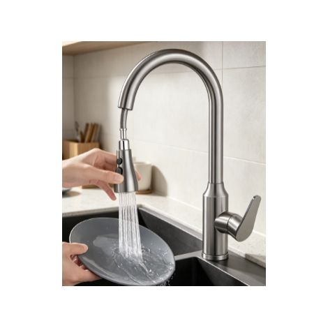 Robinet de cuisine gris canon à trois modes eau chaude froide avec tuyau extractible mitigeur évier cuisine pivotant anti‑éclaboussures pression renforcée corps en cuivre (1/5)
