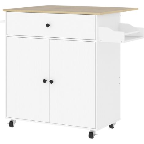 Îlot de cuisine sur roulettes avec plan de travail pliant, tiroir, armoire et porte-serviettes blanc (1/5)