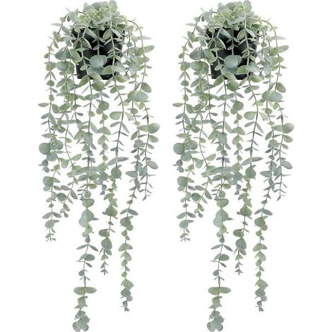 Lot de 2 eucalyptus artificiels suspendus pour étagère, fausse plante en pot, plante artificielle suspendue pour décoration murale, chambre, patio, intérieur et extérieur (1/2)