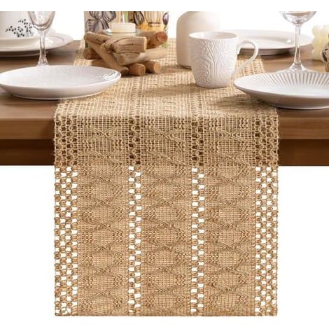 Chemin de table bohème marron en jute et lin, 30 x 240 cm (1/5)