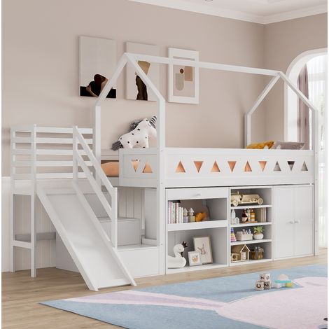 Cama infantil multifuncional de madera maciza blanca 90x200 cm con tobogán, escalera, cajones, armario y somier de láminas (1/5)