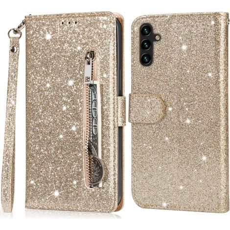 Custodia a libro, portafoglio con cerniera e tasca glitterata per Samsung Galaxy A36 5G, colore oro. (1/5)