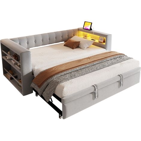 Lit banquette extensible 90 à 180x190 cm avec rangement, LED et prises intégrées, canapé-lit multifonction capitonné en tissu gris clair (1/5)
