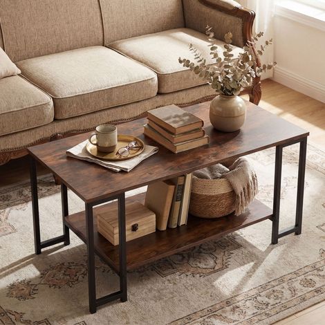COSTWAY 2-Tier Coffee Table Modern Accent Table with Open Storage Shelf Brown (1/5)