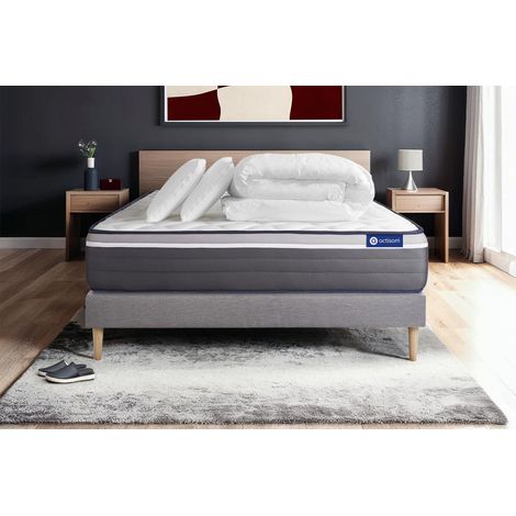 Pacchetto letto completo - Materasso 140x190cm + Box spring con doghe (in kit) + 2 cuscini + Piumino - Actilatex Plus
