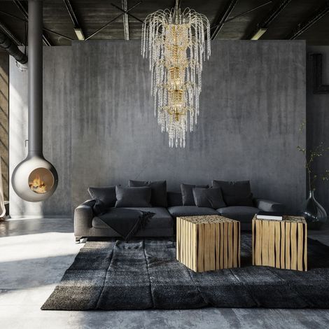 WATERFALL 13LT Lustre fontaine metal doré et cristal E14 13x40w max Diam 58cm Haut 2m64 (1/2)