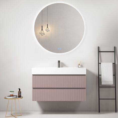 Mobile bagno sospeso cannettato 100 cm Rosa Retro Lavabo in Resina Specchio Tondo Retroilluminato - Fiji Paint