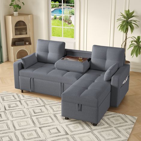 Canapé-lit L modulaire convertible 3 places gris, porte-gobelets escamotable + poche latérale + coussin épais, tissu lin, pour salon (1/5)