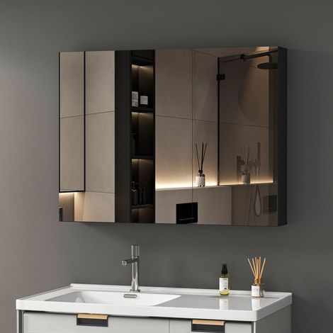 Spiegelschrank Bad 80x60 cm Spiegelschrank Schwarz Badezimmerspiegel Spiegelschränke Badschrank Badezimmer Spiegelschrank Medizin Kabinett Wandschrank mit Spiegel und Verstellbare Glasablage (1/5)