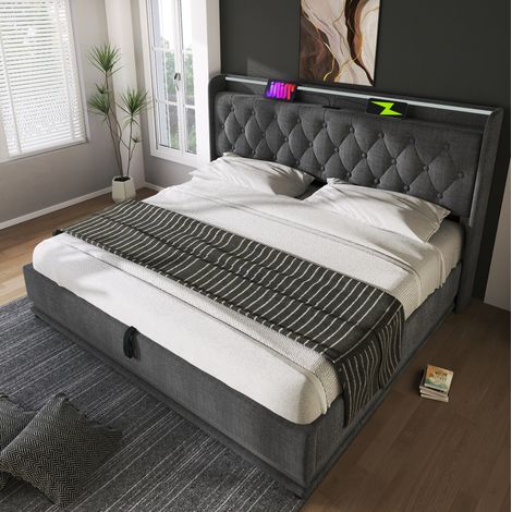 Lit coffre 140x200 LED USB lin gris avec matelas HAVRYA (1/5)