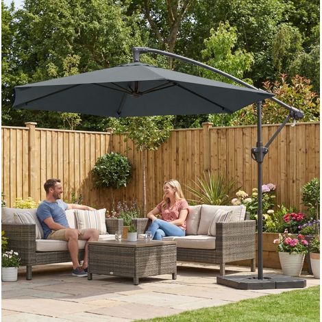 Parasol excéntrico 300 cm gris oscuro en metal con manivela, base con pesos, mecanismo de bloqueo y protección UV (1/5)
