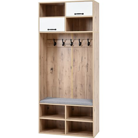 Mobile ingresso con panca, 5 ganci, 2 ante e 6 vani aperti, bianco e naturale, 80x35x185 cm (1/5)