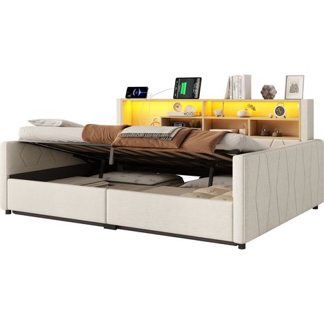 Lit banquette coffre 140x200 cm beige effet lin avec rangement hydraulique, LED, prise intégrée, port USB et rangement sous le lit (1/5)