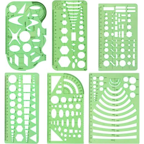 Gabarits de dessin technique, lot de 6 règles géométriques en plastique transparent vert, pochoirs de construction pour croquis et plans, modèles de traçage d'architecture (1/5)
