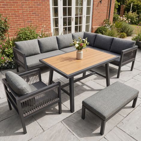 Conjunto de Jardín con 1 Sofá Esquinero, 1 Sillón, 1 Reposapiés y 1 Mesa, Metal y Madera Sintética, Gris (1/5)