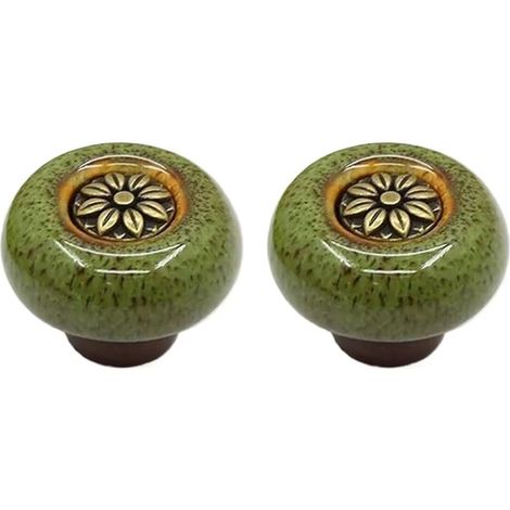 Juego de 2 pomos de cerámica para puertas de armarios de cocina, redondos, estilo vintage retro (32 mm de diámetro, color verde). (1/4)